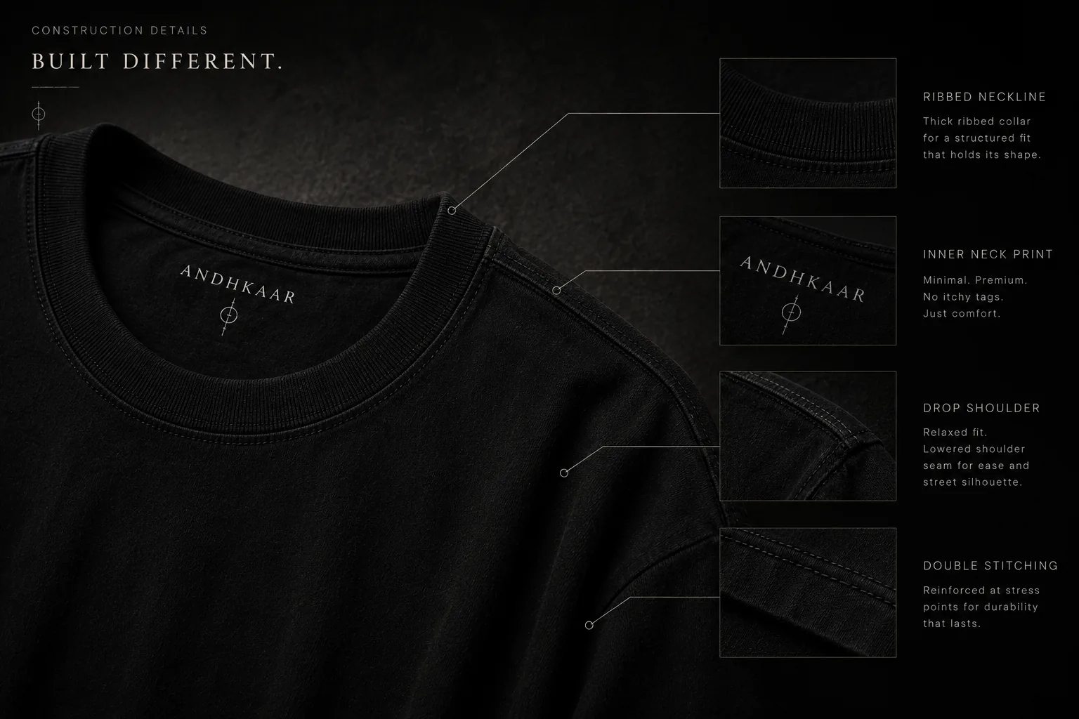 Shunya oversized tee — neck and branding